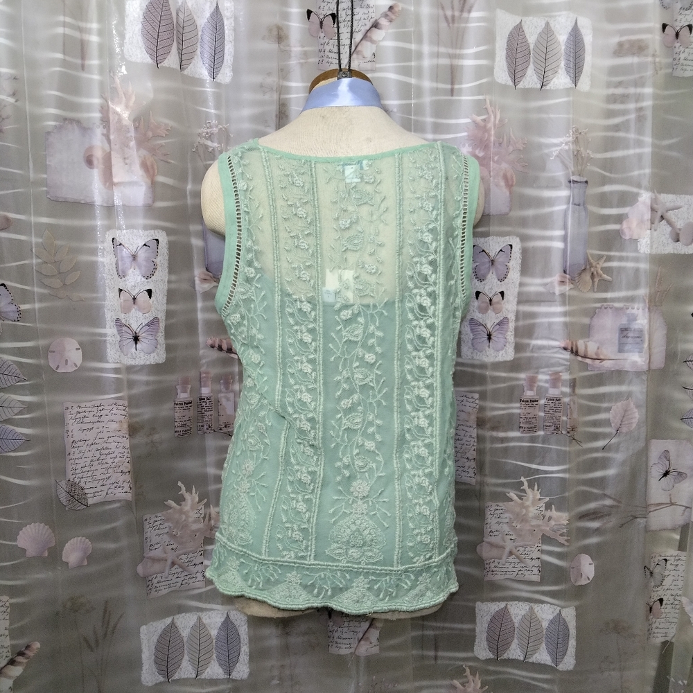 NWTSundance Embroidered Floral Sheer Mint Green Lace Boho Sleeveless Top Lined L - Picture 2 of 15